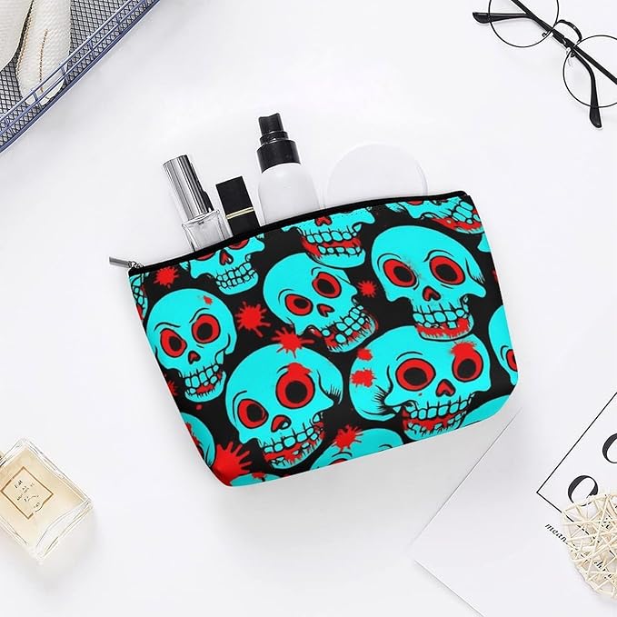 Meaudiwes Women's Fashion Zipper Cosmetic Case, Portable Makeup Case, Personality Toiletry Bag, Travel Cosmetic Toiletry Bag Halloween Cool Red Blood Zombie Skull