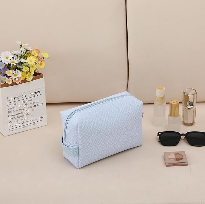 DYSHAYEN Small Waffle Makeup Bag for Travel, Blue