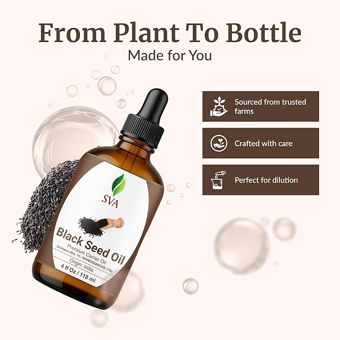 SVA Black Seed Oil - 4 Fl Oz - for Face, Skin Care, Hair Care, Scalp Massage & Body Massage – Carrier Oil with Dropper
