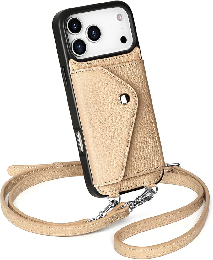 LUCKYCOIN Crossbody Phone Case for iPhone 17 Pro Max,100% Genuine Leather Phone Wallet Case for Women, Premium Hands-Free Phone Purse with Expandable Flip Card Holder & Adjustable Strap - Pebble Beige