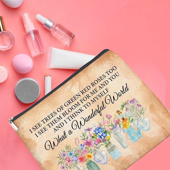 UPNEGE Floral Makeup Bag Gifts for Women What a Wonderful World Floral Butterfly Cosmetic Bag Zipper Makeup Pouch