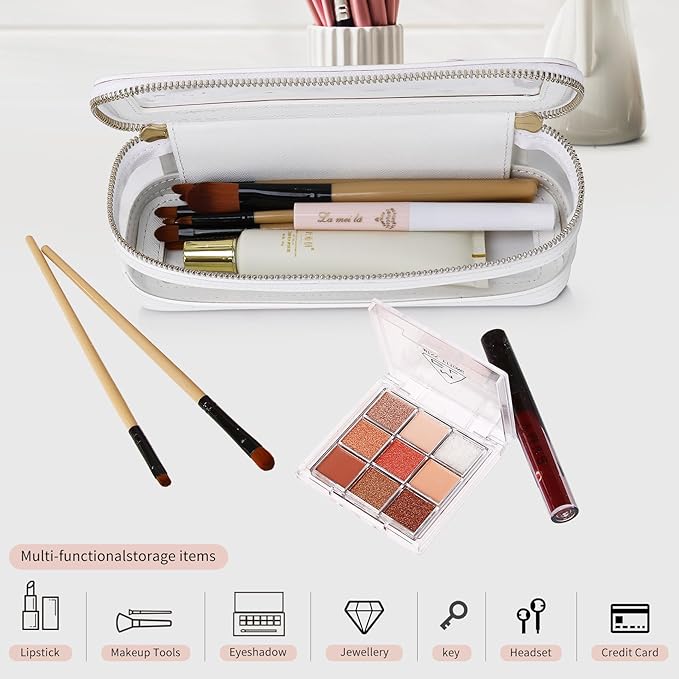 Pinkmik Travel Makeup Bag Set Portable Clear Cosmetic & Toiletry Case Women's Purse Organizer and Car Essentials with Zipper (White, M+SLIM-2)