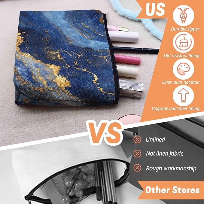 Scribesense Cosmetic Bags Travel Makeup Toilet Case Waterproof Pouch for Women Girls 6.7X9.45inches - Blue And Gold Marble
