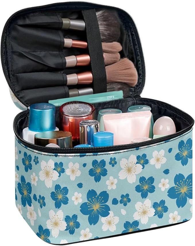 Drydeepin Blue White Cherry Blossom Pattern Travel Makeup Bags for Women Portable Tote Cosmetic Case with Carry Handle Daisy Floral Toiletry Accessories Storage Organizer Bags