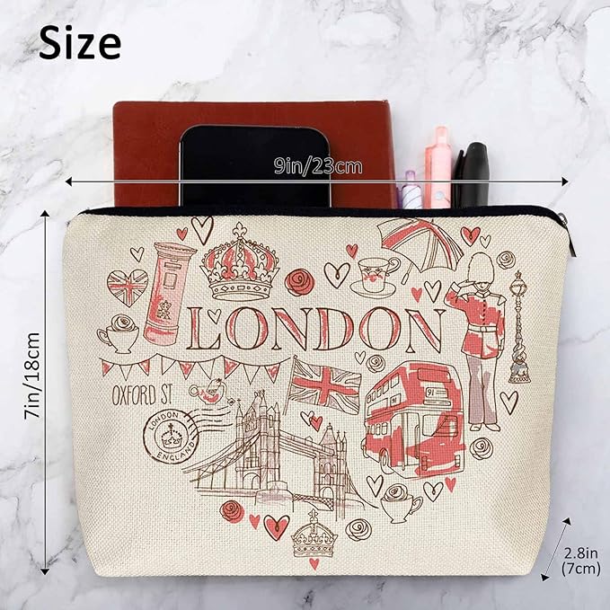 Kalygon Women Makeup Organizer Bag London, Heart Shape I Love London Quote Flax Cosmetic Bag Makeup Bags Toiletry Bag Accessories Organizer Travel Bags For Home Bathroom Office Hotel Gym