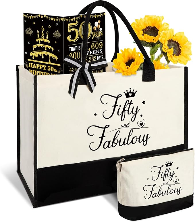 50th Birthday Gifts for Women, 50 & Fabulous Canvas Tote Bag and Makeup Bag