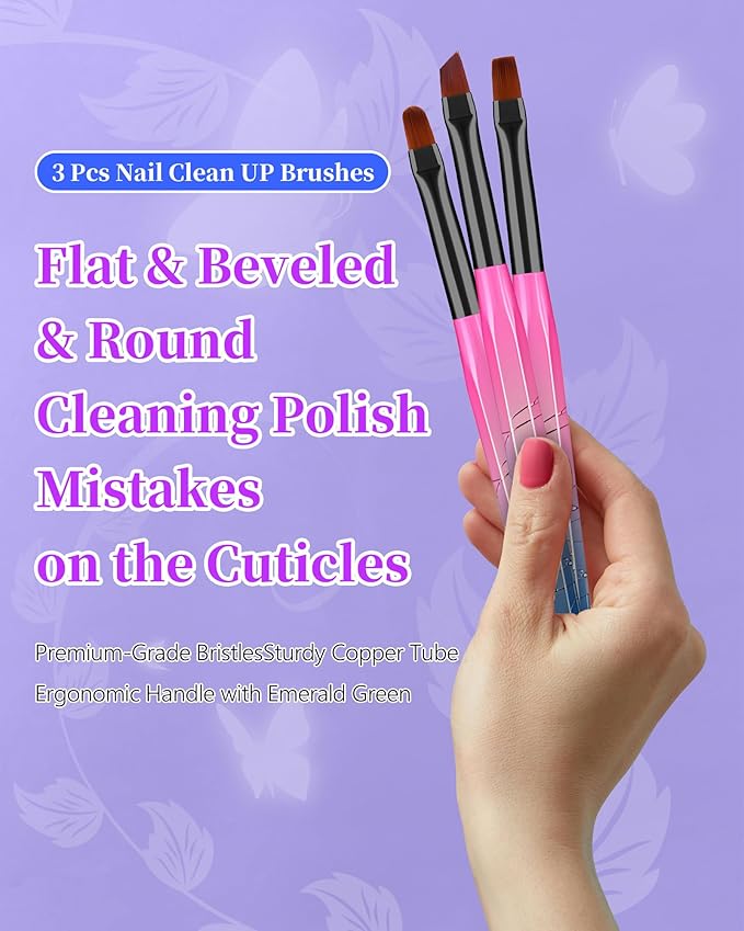 AMilHiTon 3PCS Nail Polish Clean Up Brush, Gilded Pink Blue
