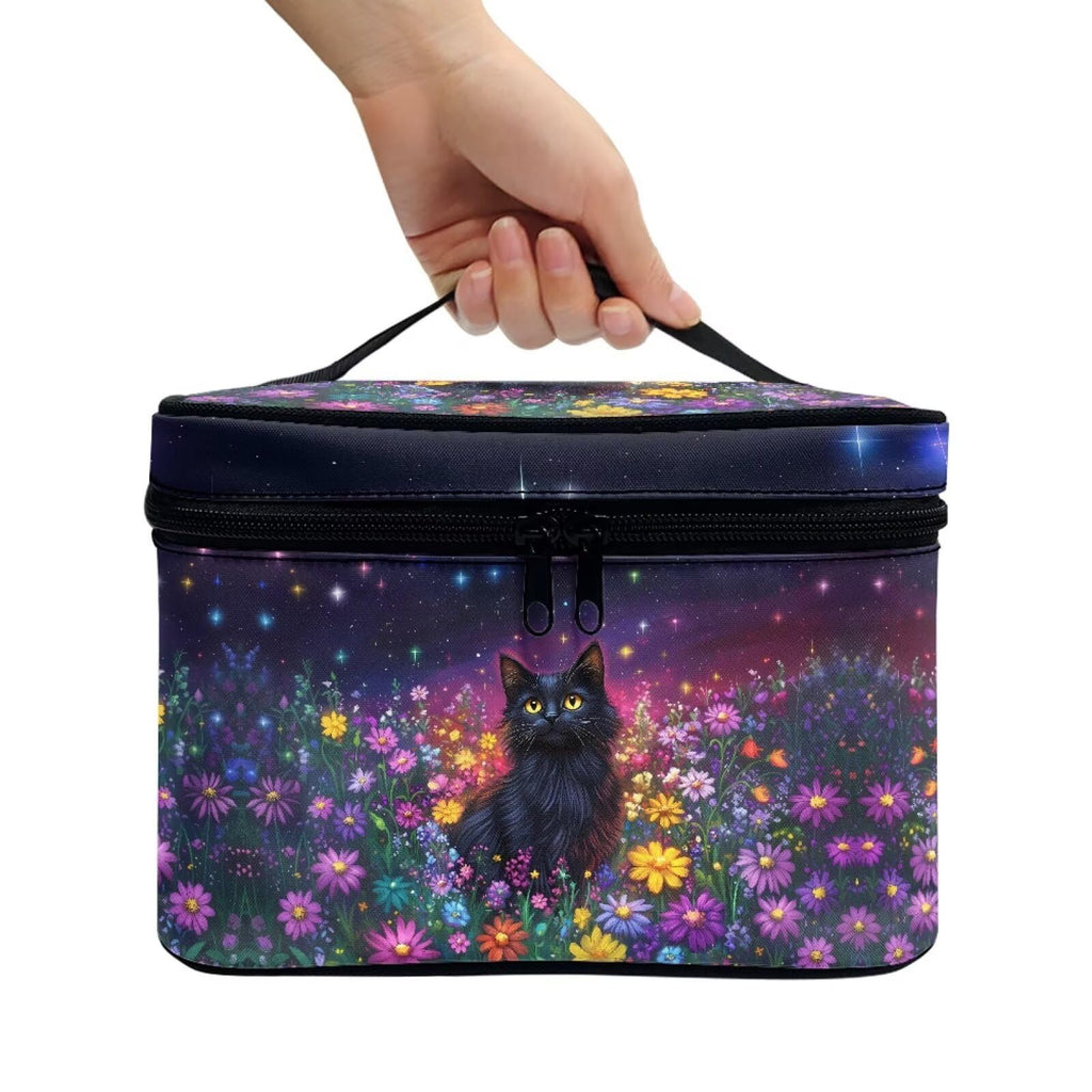 Drydeepin Black Cat Colorful Daisy Flower Print Travel Makeup Bags for Women Portable Tote Cosmetic Case with Carry Handle Toiletry Accessories Storage Organizer Bags