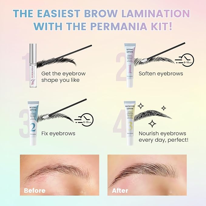 PERMANIA Brow Lamination Kit, Tube Design Instant Perm for Fuller & Thicker Eyebrows Salon Result lasts 4 weeks (with Liquid Glue)