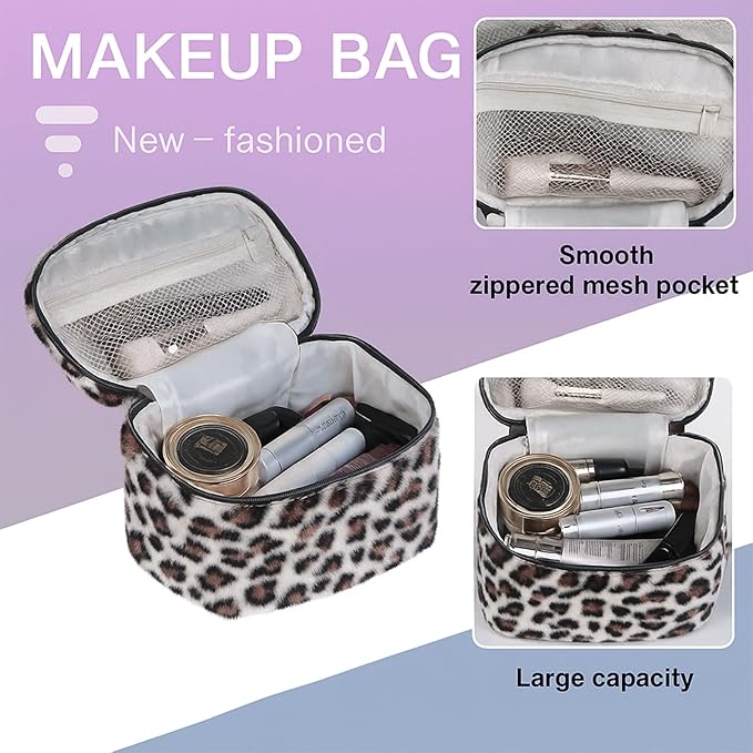 imerelez Plush Makeup Bag for Women, Leopard Print Faux Fur Travel Cosmetic Organizer, 10.2 x 7 x 7 in Soft Fluffy Toiletry Bag for Makeup, Skincare and Beauty Essentials (Beige)