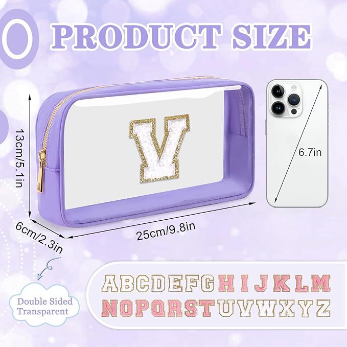 Small Clear Personalized Initial Makeup Bag,Preppy Nylon A-Z Chenille Letter Patch Makeup Organizer TSA Approved Travel Toiletry Bag,Waterproof Zip Beach Cosmetic Pouch Purse for Women(Purple-White V)