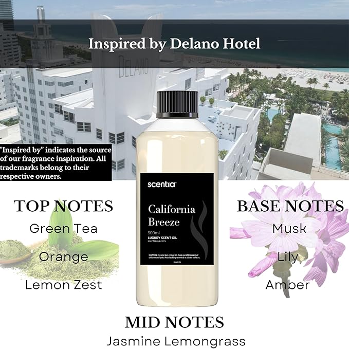 Scentia California Breeze Hotel Scent Diffuser Oil – Luxury Fragrance Inspired by Delano Beach Club – 50 mL – Orange, Green Tea & Jasmine Essential Oil Blend for Home, Office & Aromatherapy Diffusers
