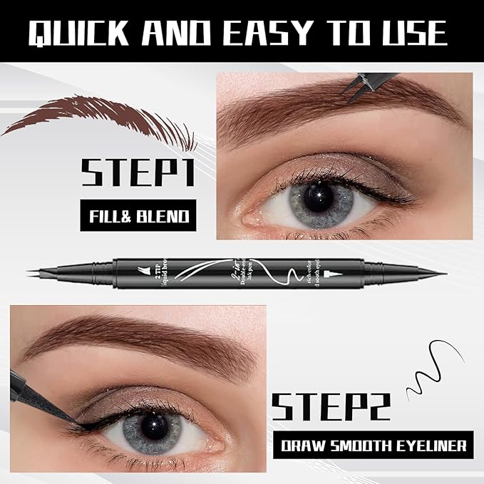Curved 2 Tip Eyebrow Pen-Light Brown Eyebrow Pencil With Black Eyeliner 2-in-1 Dual-Ended Create Natural Hair-Like Brows,Waterproof.Smudge Proof,Long Lasting All-Day