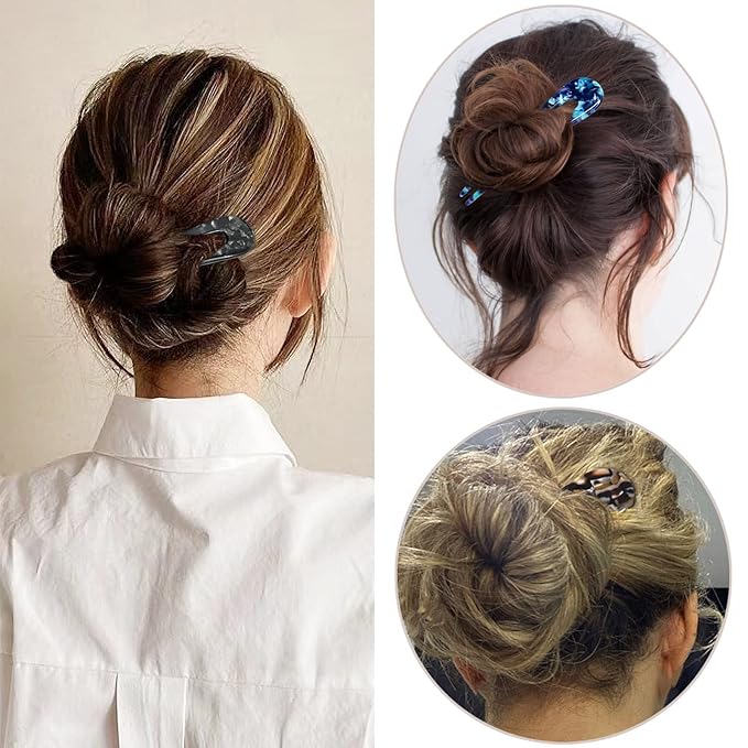 HYFEEL French Hair Forks Tortoise Shell U Shape Updo Hair Pins Clips for Thin Thick Hair, Long Classic 2 Prong Bun Hair Sticks Chignon Women Vintage Hairstyle Accessories, 3 Pack (Blue Brown Black)