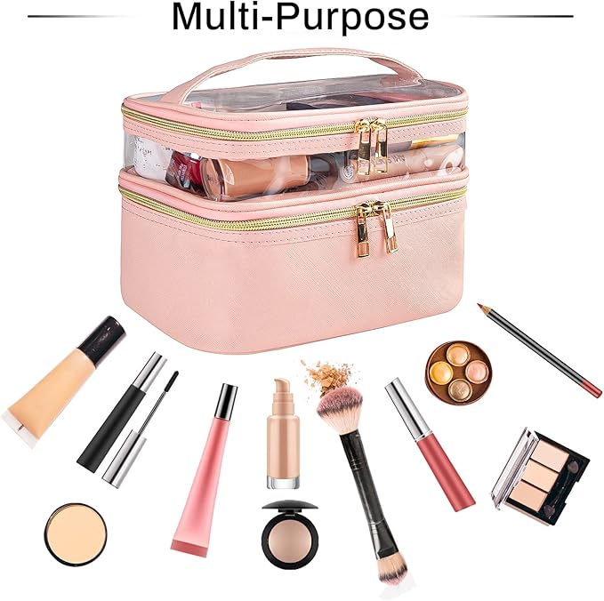 imerelez Pink Makeup Bag, Leather Double Layer Makeup Bag,Travel Accessories Toiletry Bag for Women,Travel Essentials Cosmetic Bag