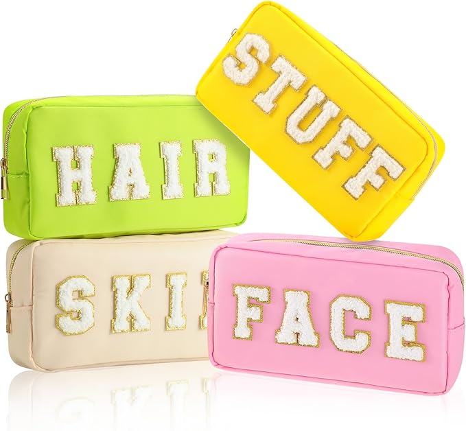 Cunno Preppy Makeup Bags Chenille Letter Stuff Bag Nylon Cosmetic Pouch Cases with Zipper for Women Travel Toiletry(Vibrant Color,Classic,4 Pcs)