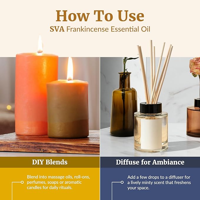 SVA Frankincense Essential Oil – 4 Fl Oz – for Diffuser, Skin & Hair Care – Ideal for Massage & DIY Blends – with Dropper