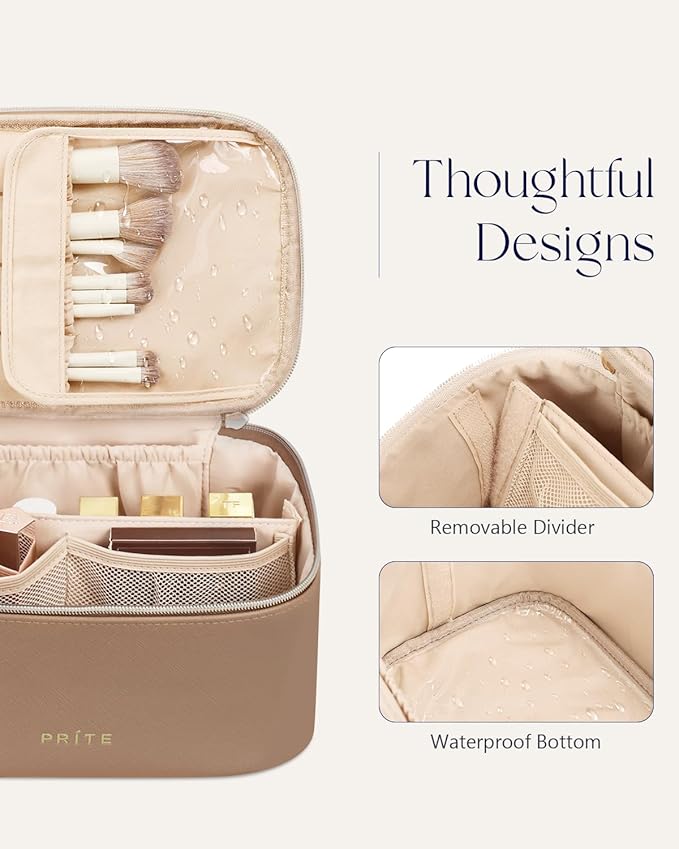 Prite Makeup Bag Travel Cosmetic Case, Women Toiletry bag Organizer, Brown