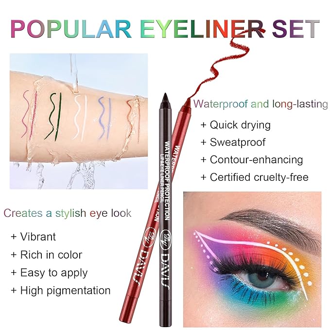 Meilury 7 Colorful Eyeliner Pen Set, Eye Shadow Pencil, Pearl Eyeliner Kit Metallic Glitter Colored Eye liner for Women Eye&Lip Liner Professional Waterproof Eye Makeup (7PCS A)