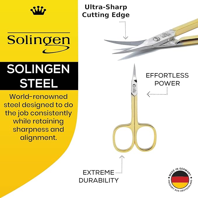 Camila Solingen CS04 Professional Nail Cuticle Scissors, Hypoallergenic Gold Plated Sharp Curved Manicure Pedicure Grooming for Finger and Toe Nail Care. Made of Carbon Steel in Solingen, Germany