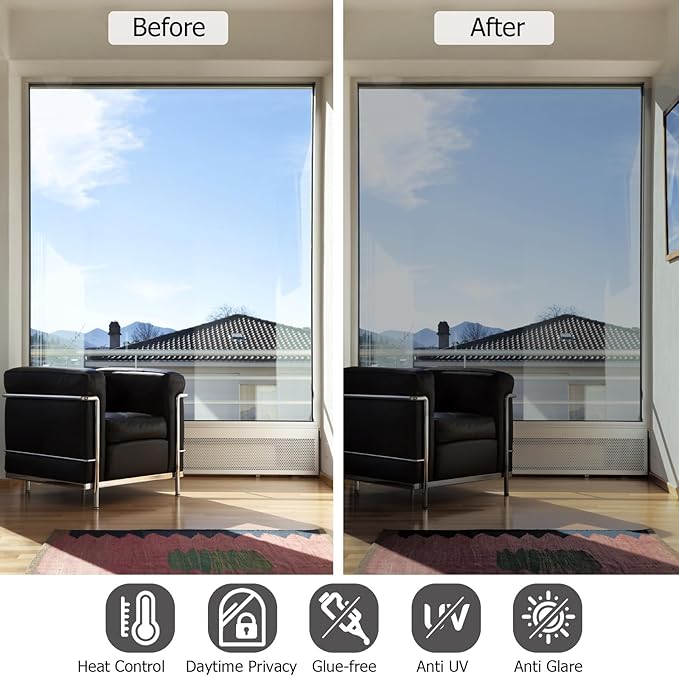 HIDBEA One Way Privacy Window Film, Daytime Privacy Sun Blocking Anti UV Reflective Window film Heat Control Static Cling Window Tint film for Home and Office, Silver, 35.4 x 196.8 Inch