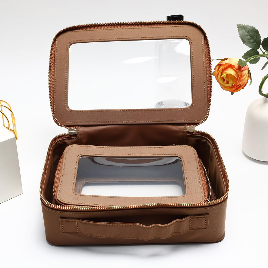 SANHECUN Cosmetic Case with Zipper TSA Approved Storage Box Travel Organizer Pouch Toiletry Portable Makeup Bag Cosmetic Set (2, Brown)