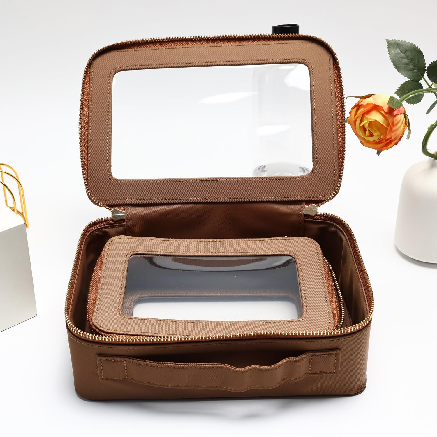 SANHECUN Cosmetic Case with Zipper TSA Approved Storage Box Travel Organizer Pouch Toiletry Portable Makeup Bag Cosmetic Set (2, Brown)