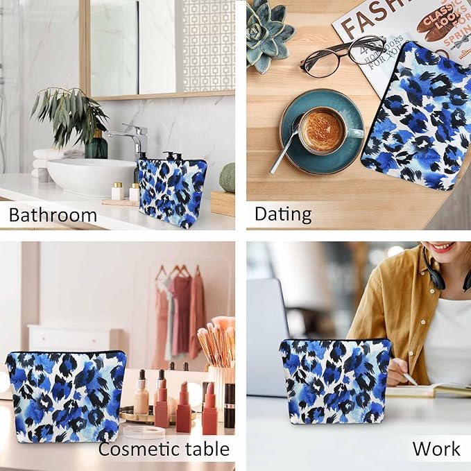Kalygon Leopard Print Makeup Bag For Women, Leopard Skin Adorable Cosmetic Bag Makeup Bags, Leopard Fur Zipper Bag Travel Bags Toiletry Organizers Pouch Bags Washing Bags For Gym Bathroom Blue Black