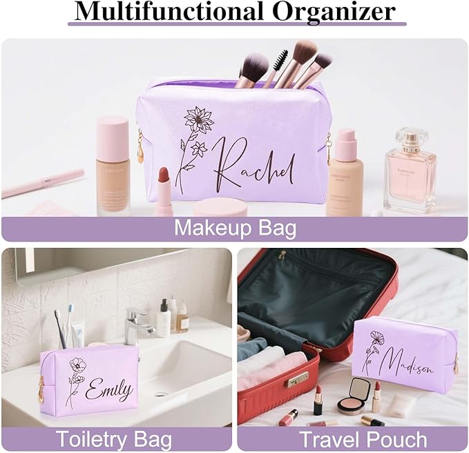 Fincekoom Personalized Makeup Bag with Name & Birth Flower, Custom Leather Cosmetic Bags for Women, Customized Travel Toiletry Bag Gifts for Bridesmaid Wedding