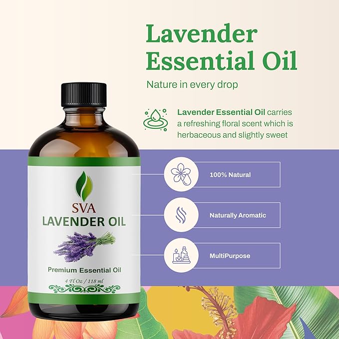 SVA Lavender Essential Oil 4 Fl Oz – for Diffuser, Skin & Hair Care – Ideal for Massage & DIY Blends – with Dropper