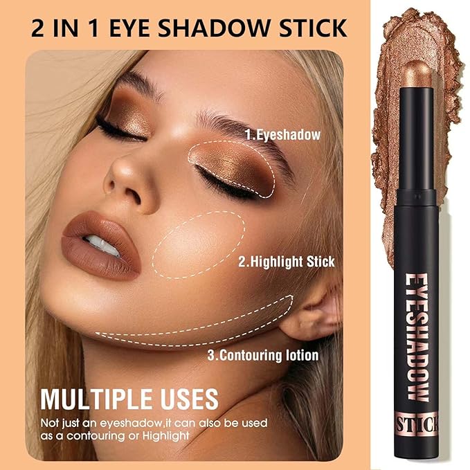 Mefyhtune Warm Brown Eyeshadow Stick Shimmer Eyeshadow Pencil Crayon, Hypoallergenic Waterproof Long Lasting Eye Shadow Stick Makeup, Women Multi-Dimensional High Pigment Eye Highlighter Pen(12#)