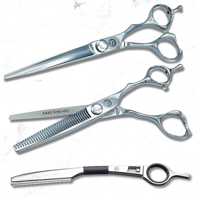 Saki Shears Majime 6 Inch Hair Cutting Set of Shears Includes Cutting Scissors, Thinning Shears, Hair Razor and Leather Carrying Case - Perfect for Professional or Home Hair Cuts
