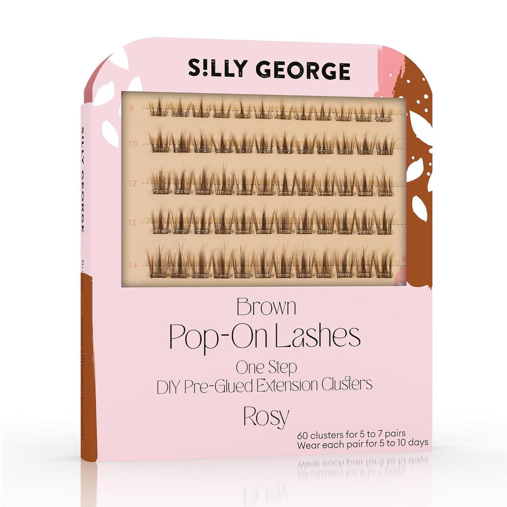 Silly George Pop-On Lashes - DIY 1-Step Pre-Glued Faux Eyelash Clusters, Natural Look Extensions, Light Brown - Rosy, 5-7 Pair Set, Pack of 60 Clusters