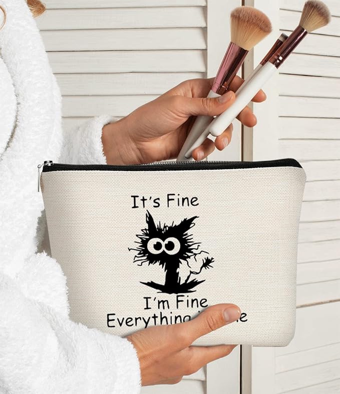 BARPERY Cat Makeup bag It's Fine Everything is Fine Inspirational Funny Cat Kitten,Cosmetic Bag Zipper Travel Toiletry Bag Best Gift Idea for Cat Lovers Teen Girls,Cat Owners Gifts,Birthday Gift