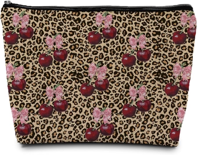 SAFDSGFDB Leopard Print Cherry Makeup Bag, Coquette Preppy Pink Bow Cherry Cosmetic Bags Gifts for Women, Funky Y2k Cheetah Print Portable Travel Toiletry Bag Zipper Makeup Pouch