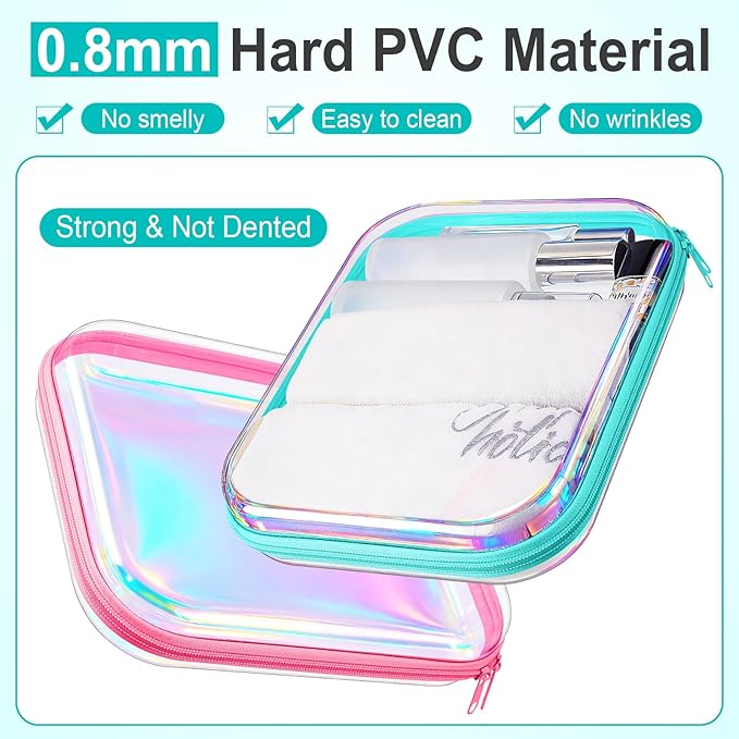 Hoolerry 3 Pcs Clear Hard Zipper Case Hard Plastic Zipper Pouch Makeup Bag Portable Travel Organizer for Cosmetics, Office Supplies, Documents & Toiletries(Laser,M)