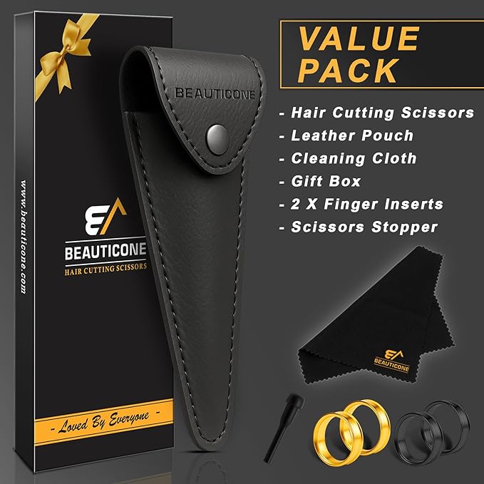 BEAUTICONE ® Hair Cutting Scissors - High Carbon SS 6.5" Professional Barber-Grade Salon Shears with Serrated & Razor Edge - Matt Finish with Pouch & Finger Inserts - Ultra Lightweight