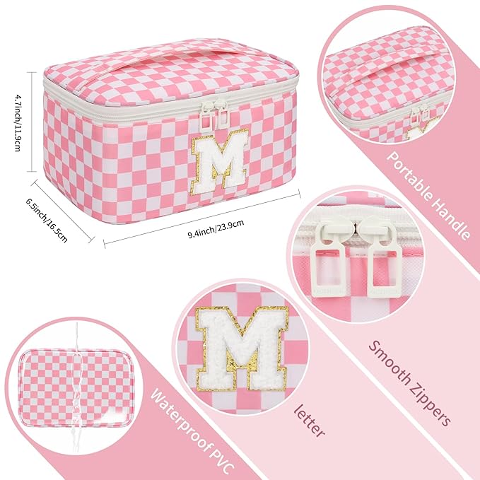 OCHEAL Makeup Bag for Women, Monogram Cosmetic Bag Pink Travel Makeup Case Beauty Toiletry Bag Organizer Personalized Gifts for Girls Bridesmaid, Sister, Wife, Friends Initial M