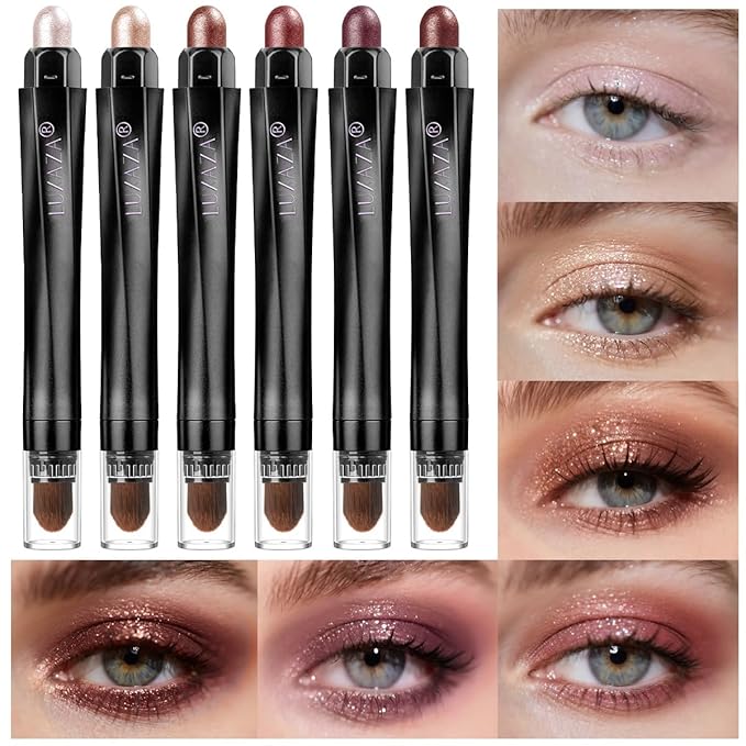 LUXAZA 6-Piece Matte and Shimmer Cream Eyeshadow Pencil Set, Waterproof Long Lasting Highlighter Stick, Champagne Rose Pink