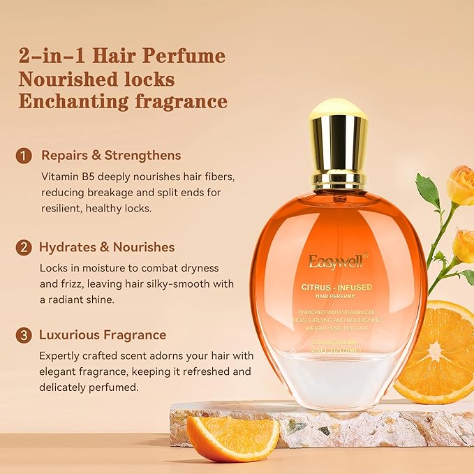 EASYWELL Hair Perfume for Women, Christmas Gift Birthday Gifts for Mom and girls, Leave In Conditioner Spray with Vitamin B5, Hair Care Fragrance, Hair Oil Mist, Citrus, 2.5 fl oz