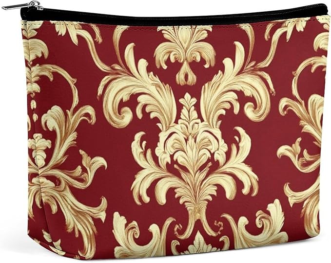 Meaudiwes Fashion Zipper Cosmetic Case, Portable Makeup Case, Personality Toiletry Bag, Travel Cosmetic Toiletry Bag Flower Red Gold Floral Classy Burgundy Antique