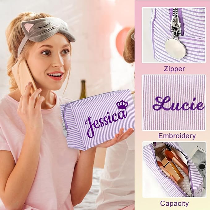 Ajiangwu Personalized Makeup Bag with Embroidered Name&Birth Flower for Bridesmaid Gifts,Custom Small Travel Cosmetic Bag Toiletry Bag Wedding Gifts for Bride
