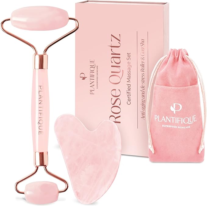 PLANTIFIQUE Rose Quartz Gua Sha & Face Roller Set, Certified Face Massager