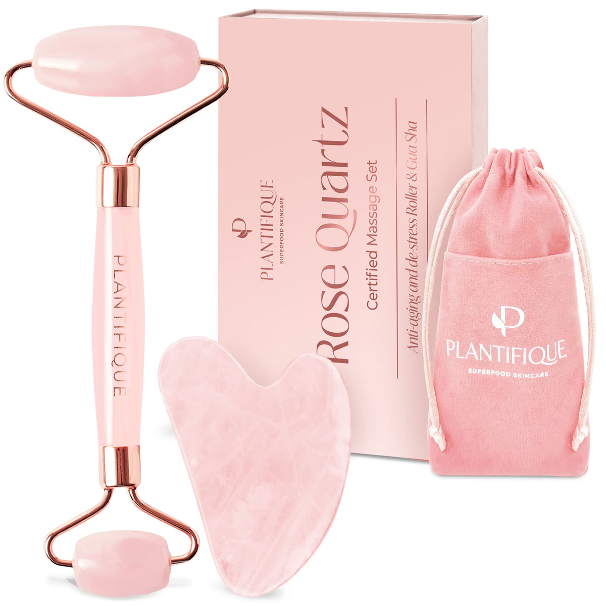 PLANTIFIQUE Rose Quartz Gua Sha Tool – Anti-Aging Face Massager & Jawline Shaper for Skincare Routine – Facial Massage & Skin Care Gift
