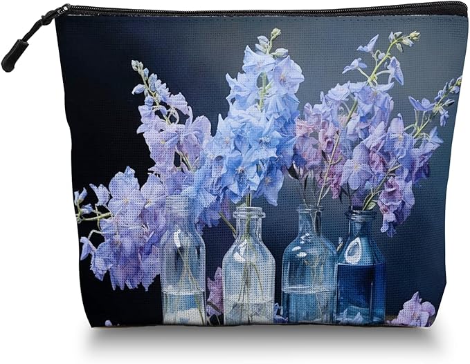 Scribesense Cosmetic Bags Travel Makeup Toilet Case Waterproof Pouch for Women Girls 6.7X9.45inches - Still - Life of Blue - Purple Flowers in Glass Bottles