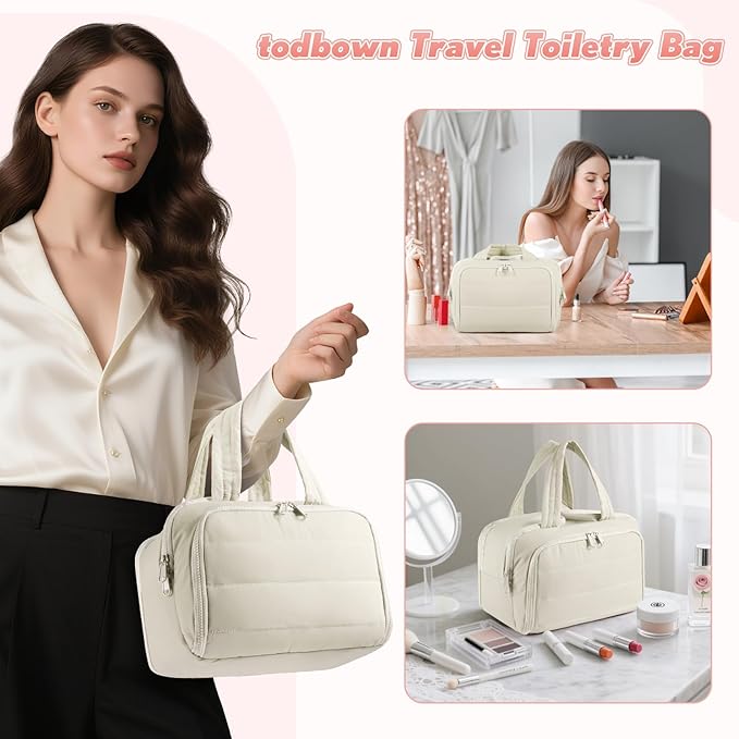 todbown Travel Toiletry Bag:  Large Capacity, 4 Compartments, Wet/Dry Separation, Ultra-Soft Lightweight Fabric & Anti-Spill Design for Travel,Gym,Gift(11.8" L) (Off-White)