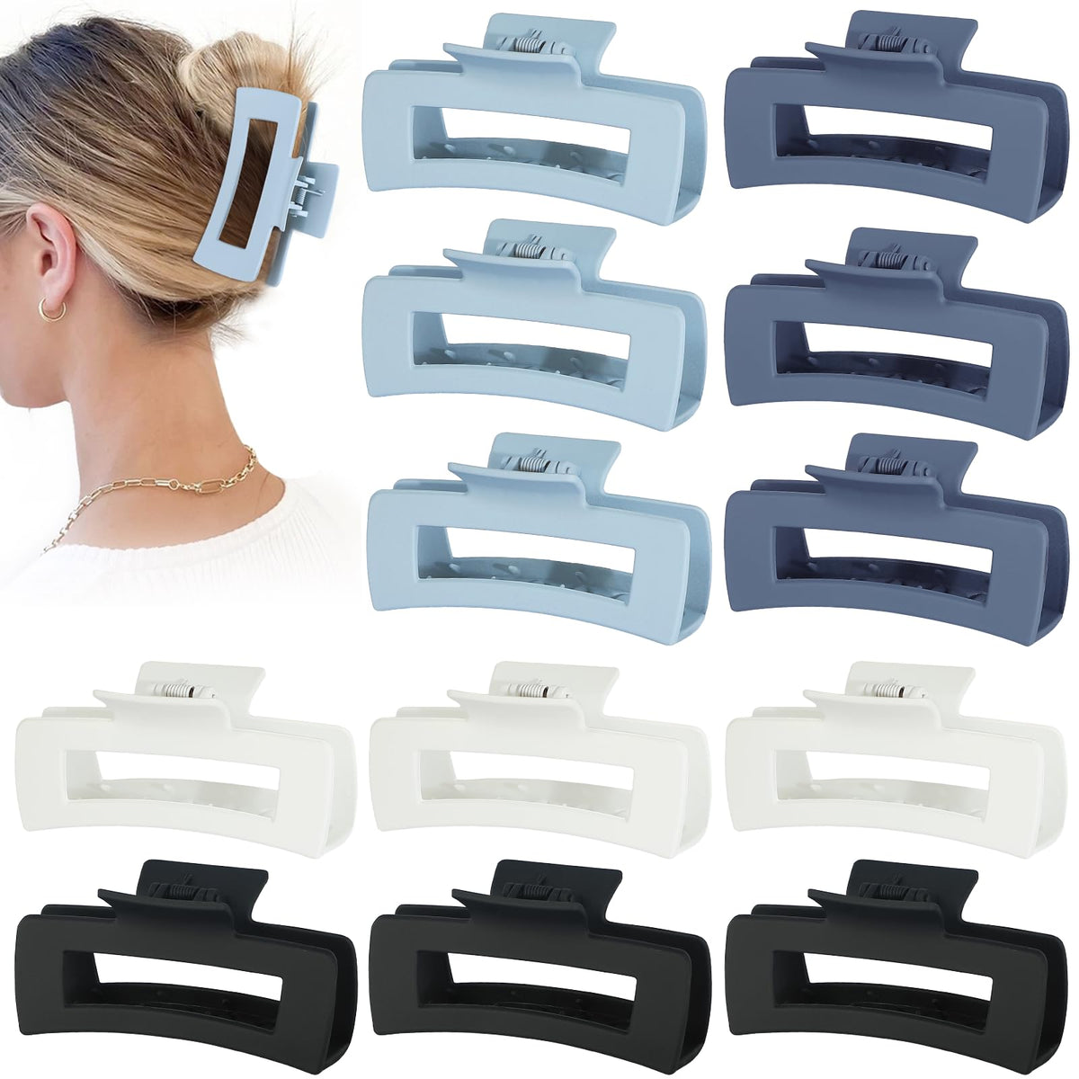 Sisiaipu 4.1 Inch Large Hair Claw Clips 12 Pcs Big Claw for Thick Hair Square Hair Clips Jumbo Jaw Clips Bulk Hair Accessories for women and Girls (Black)