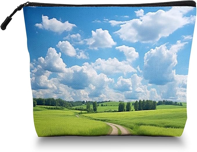 Scribesense Cosmetic Bags Travel Makeup Toilet Case Waterproof Pouch for Women Girls 6.7X9.45inches - Green Field With A Winding Dirt Road Under Blue Sky