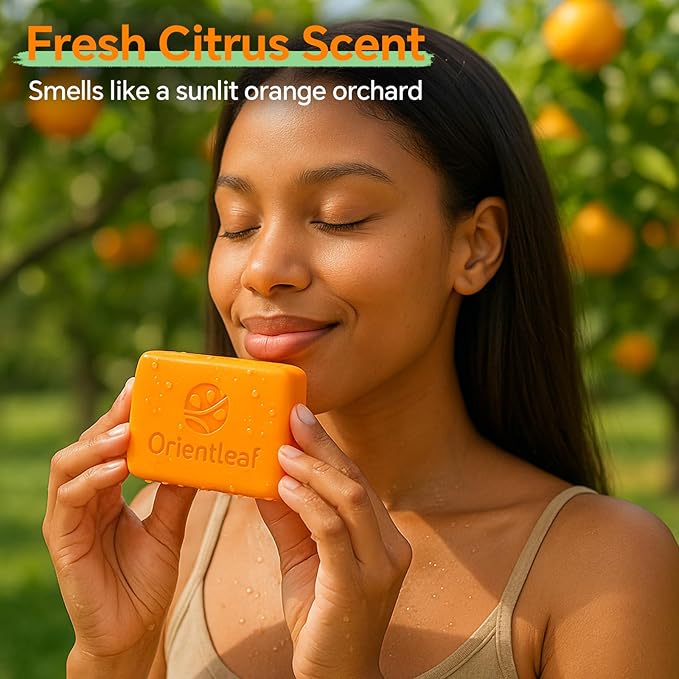 ORIENTLEAF Kojic Acid Soap with African Sponge Net, 4oz Turmeric Soap Bar, Fresh Citrus Scent, Gentle for Face and Body Wash with Vitamin C, Retinol (2 Pack)