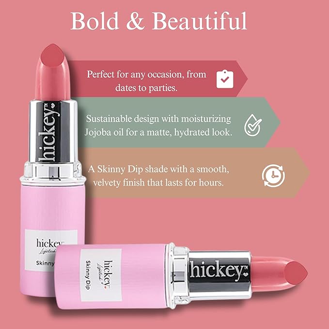 Hickey Lipstick Refill, Skinny Dip - Long Lasting Light Pink Lipstick - Hydrating Lip Color Infused with Nourishing Jojoba Oil for Women - Highly Pigmented, Vegan, Gluten-Free Formula